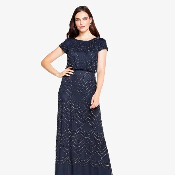 adrianna papell beaded blouson dress short Navy Jasmine Beaded Blouson Gown With Sheer Short Sleeves